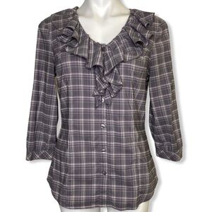 Outback Red Grey Plaid Button Down Ruffle Top
